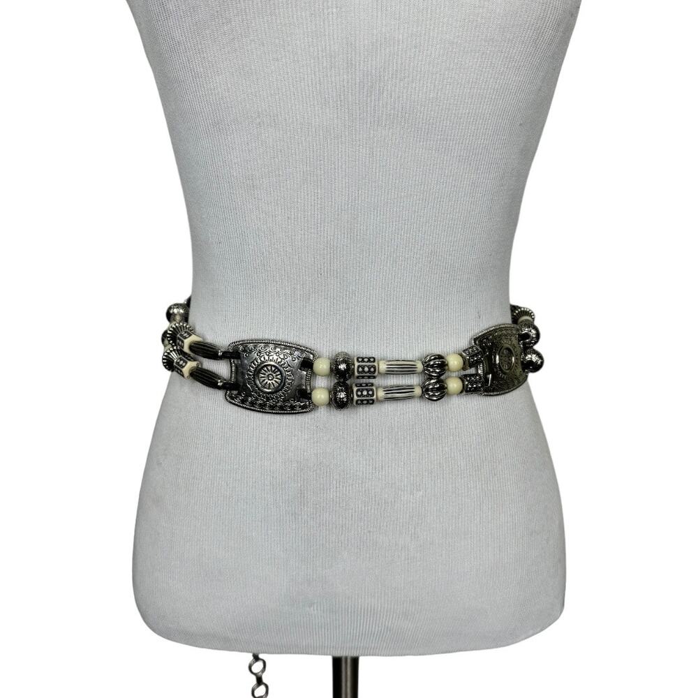 Vintage Western Beaded Medallion Concho Chain Belt Silver Tone Cream Festival